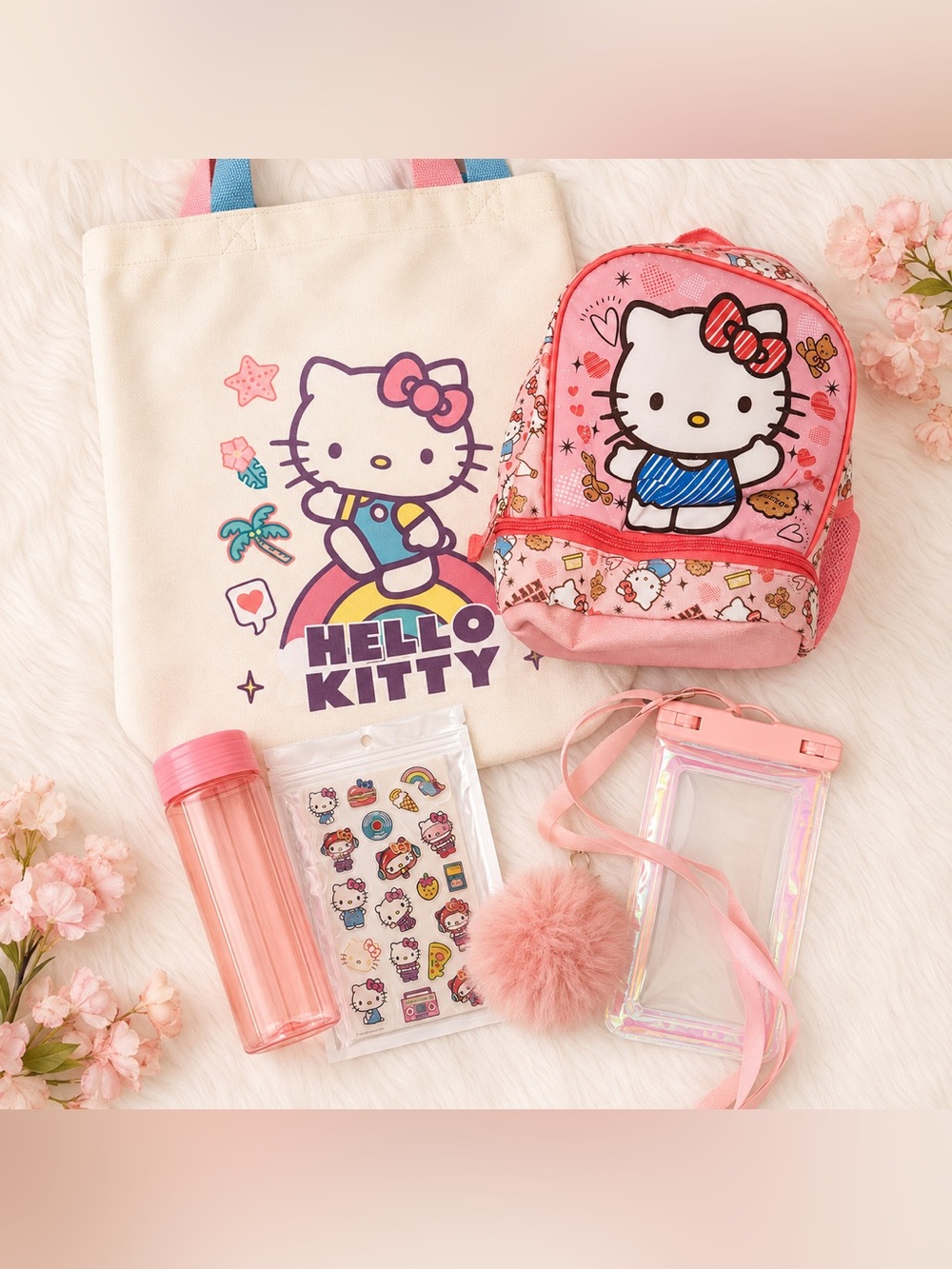 Hello Kitty Bundle Tote Lunch Bag Water Bottle Stickers Scrunchie Phone Pouch